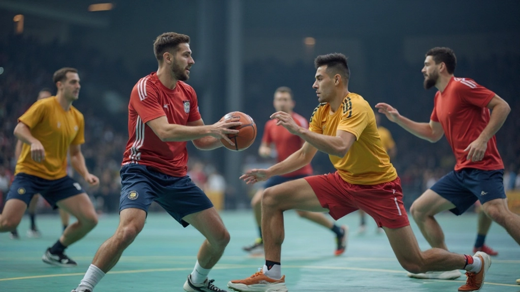 لاعبو كرة اليد يمارسون تمرينات الدفاع الجماعي في الصالة الرياضية