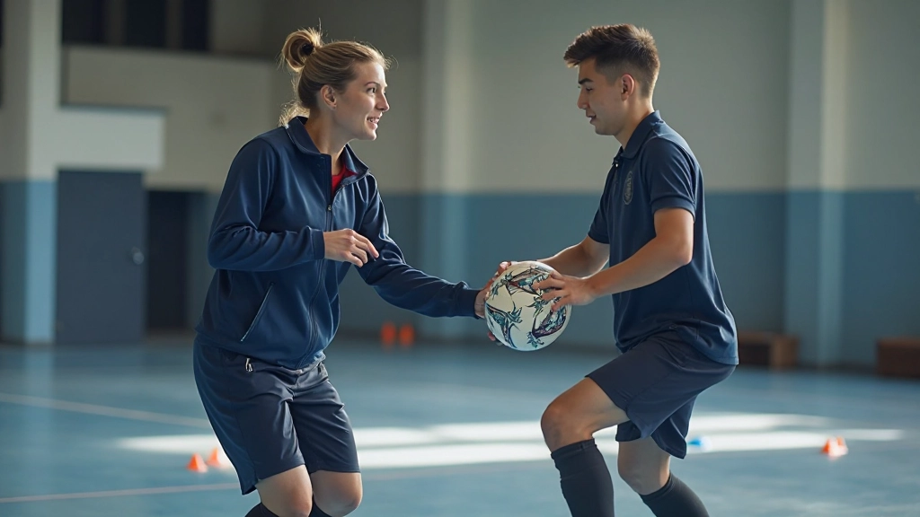 فريق تدريب كرة اليد يقوم بتمرين منظم على الملعب مع أقماع وعلامات توجيهية