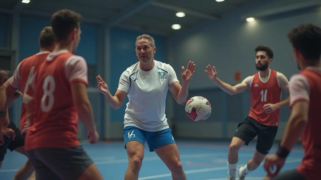 مدرب كرة اليد يشرح تقنيات الرمي للاعبين في قاعة التدريب