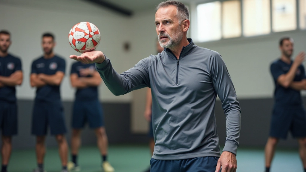 مدرب كرة اليد يشرح تقنيات الرمي للاعبين في قاعة التدريب