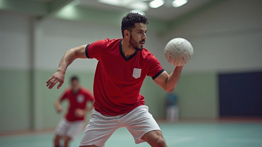 لاعب كرة يد يوضح الموقف الصحيح للرمي مع ثني الركبتين والذراع المرفوعة