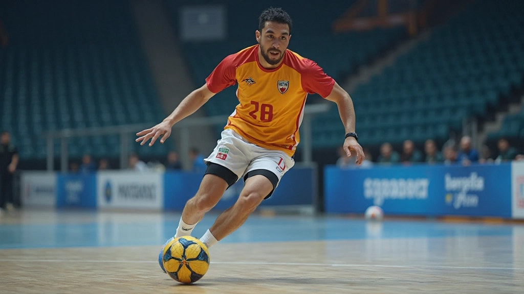 لاعب كرة اليد يقوم بتمرينات تطوير المهارات الفردية في الملعب